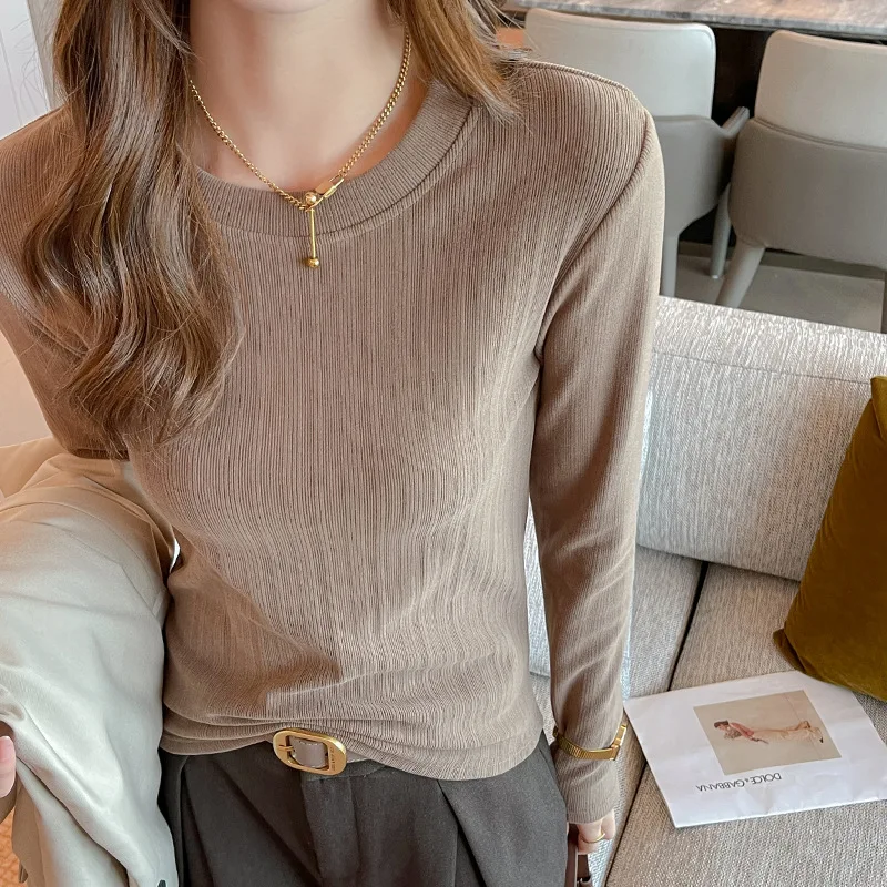 Long Sleeve Base Shirt Women's round Neck Velvet Threaded Stripes T-Shirt Comfortable Casual Versatile Soft Polyester Fiber