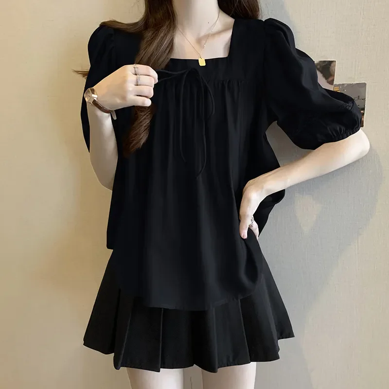 

plus Size 300 Pounds Bubble Sleeve Chiffon Shirt Women Summer Loose Belly Covering High Waist Korean Style Office Wear