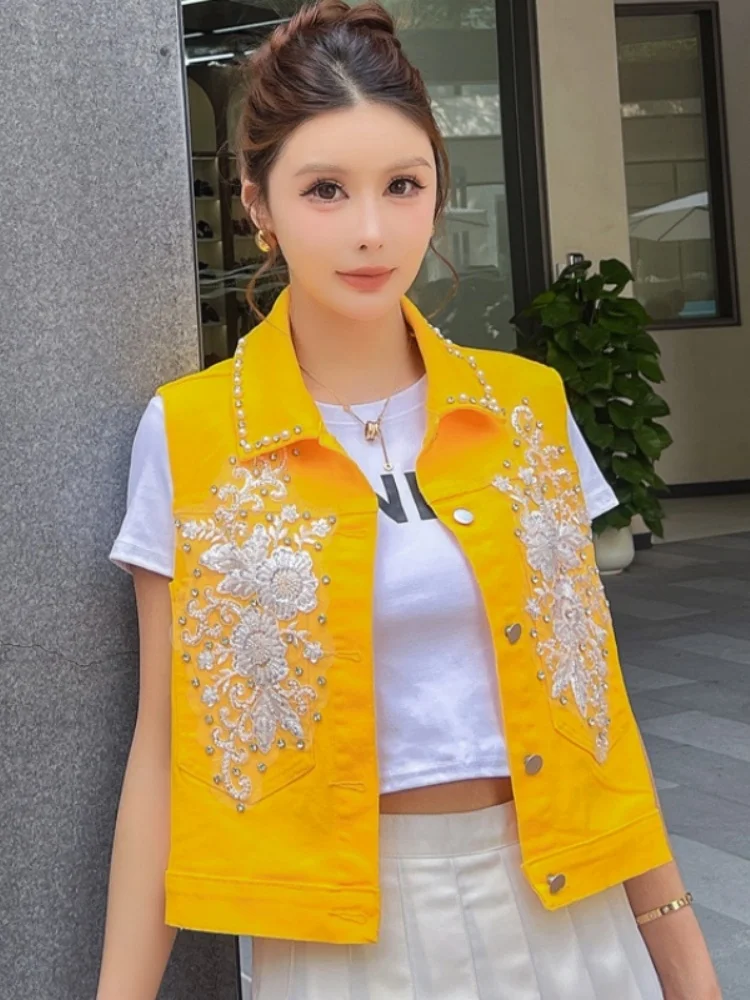 

Yellow Denim Vest Women's Spring Summer Fashionable Sleeveless Jacket Outerwear Standard Fit Commute Style Single Button Closure