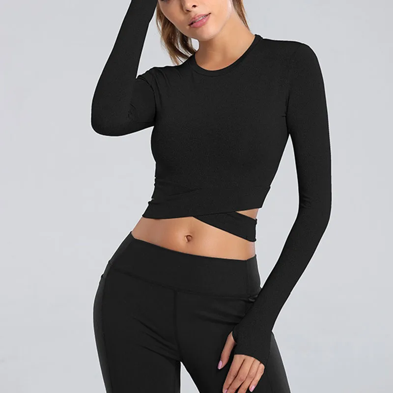 

Crop Tops Women Yoga T-shirts Solid Sports Top Long Sleeve Running Shirts Sexy Exposed Navel Quick Dry Fitness Gym Sport Wear