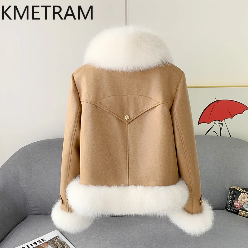 KMETRAM 100% フォックスファーカラー付き割引ファーコート（女性用）-日常着に最適-耐久性があり、スリム効果あり-2025年冬 шуба женская