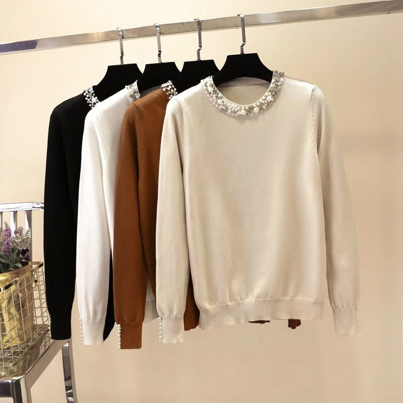 Woman Sweaters Long Sleeve Beading O-Neck Knitted Sweater Women Pullover Tops Winter Clothes Women 2024 Sweaters For Women D969