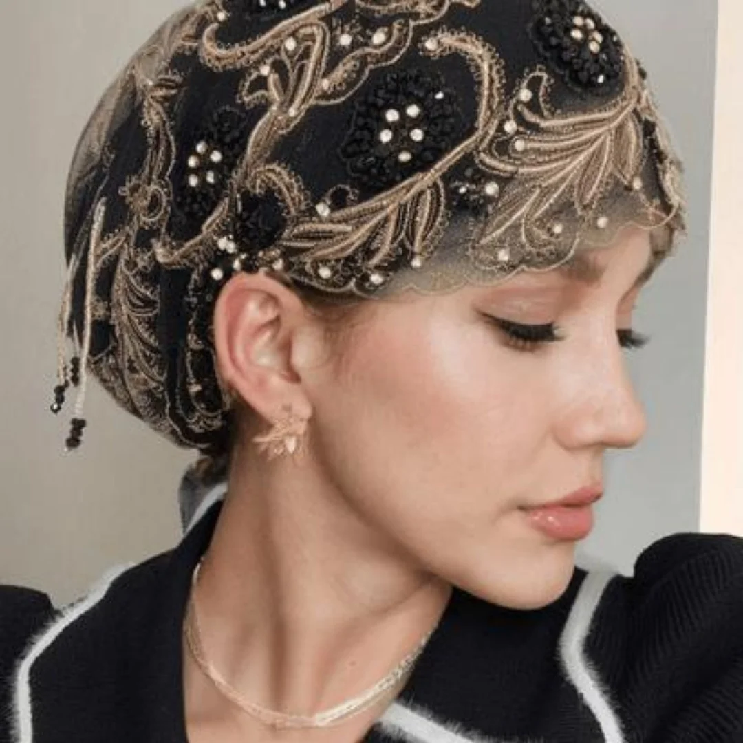

Turban Hat for Women Lace Rhinestone Muslim Hijab Beanie Cap Chic Floral Embroidery Headwrap Prayer Hat