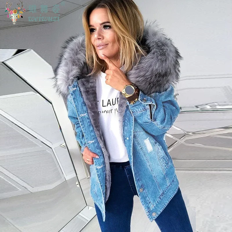 

Women's Denim Coat Autumn Winter Style Warm Thick Retro Parkas High-quality Hooded Big Fur Collar Denim Jacket Fashion Casual