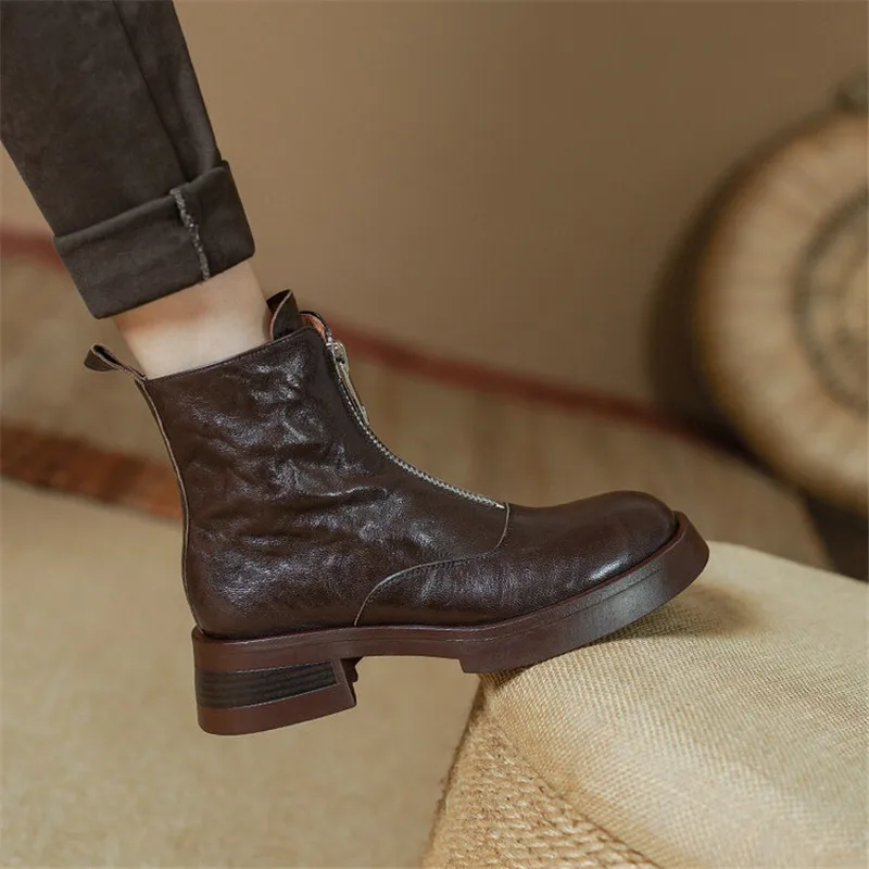 2023 Autumn Genuine Leather Platform Women Boots Round Toe Chunky Heel Boots for Women Winter Fashion Ankle Boots Women Shoes image 4