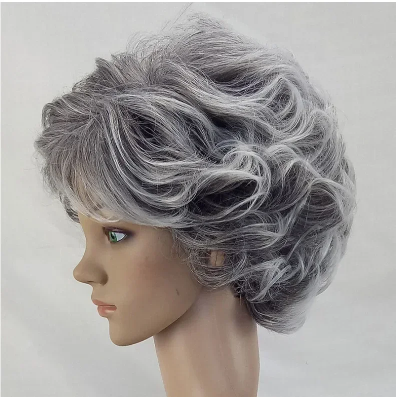 Women's wig Middle-aged and elderly mother wig grandma fashionable curly hair headgear fluffy and realistic curly hair rose mesh