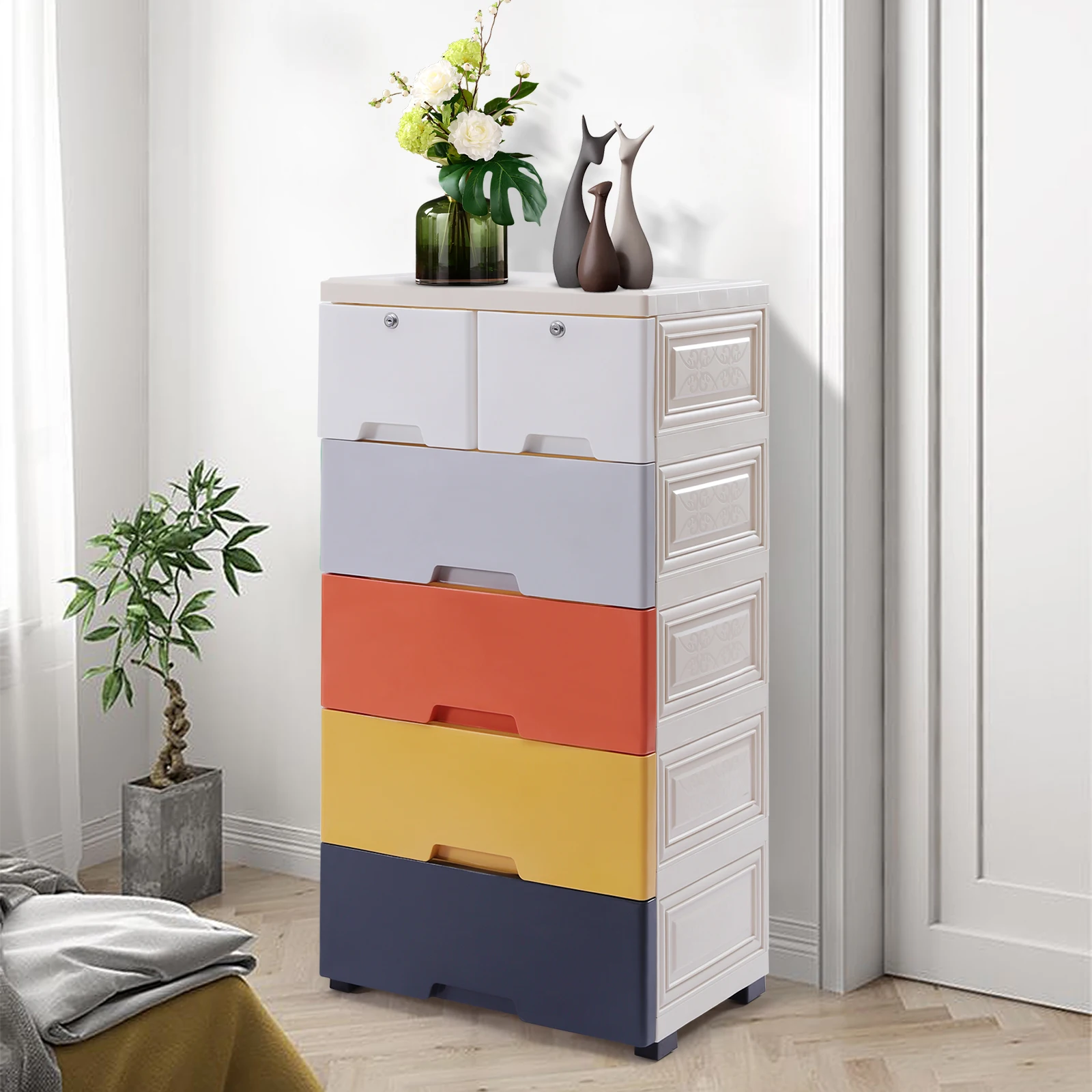 

6 Drawers Dresser Fabric Storage Cabinet Bedroom Food-grade Pp Tall Chest Organizer Living Room Organizer Storage Tower w/ keys