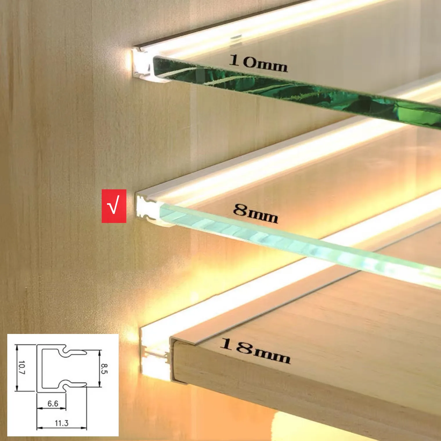 Panel de luces de vidrio de 8MM, perfil Led de aluminio de 0,5 M/0,8 M/1M, barra de luz dura laminada, canal de luz para escaparate y armario, cc de