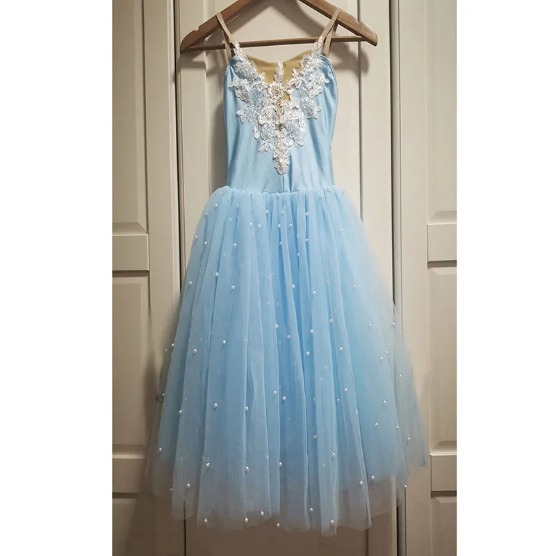 Good Quality Light Blue Pearl Long Ballerina Ballet Dresses,Sky Blue Fairy Balet Dress For Girl Pearl Decoration Drop Ship