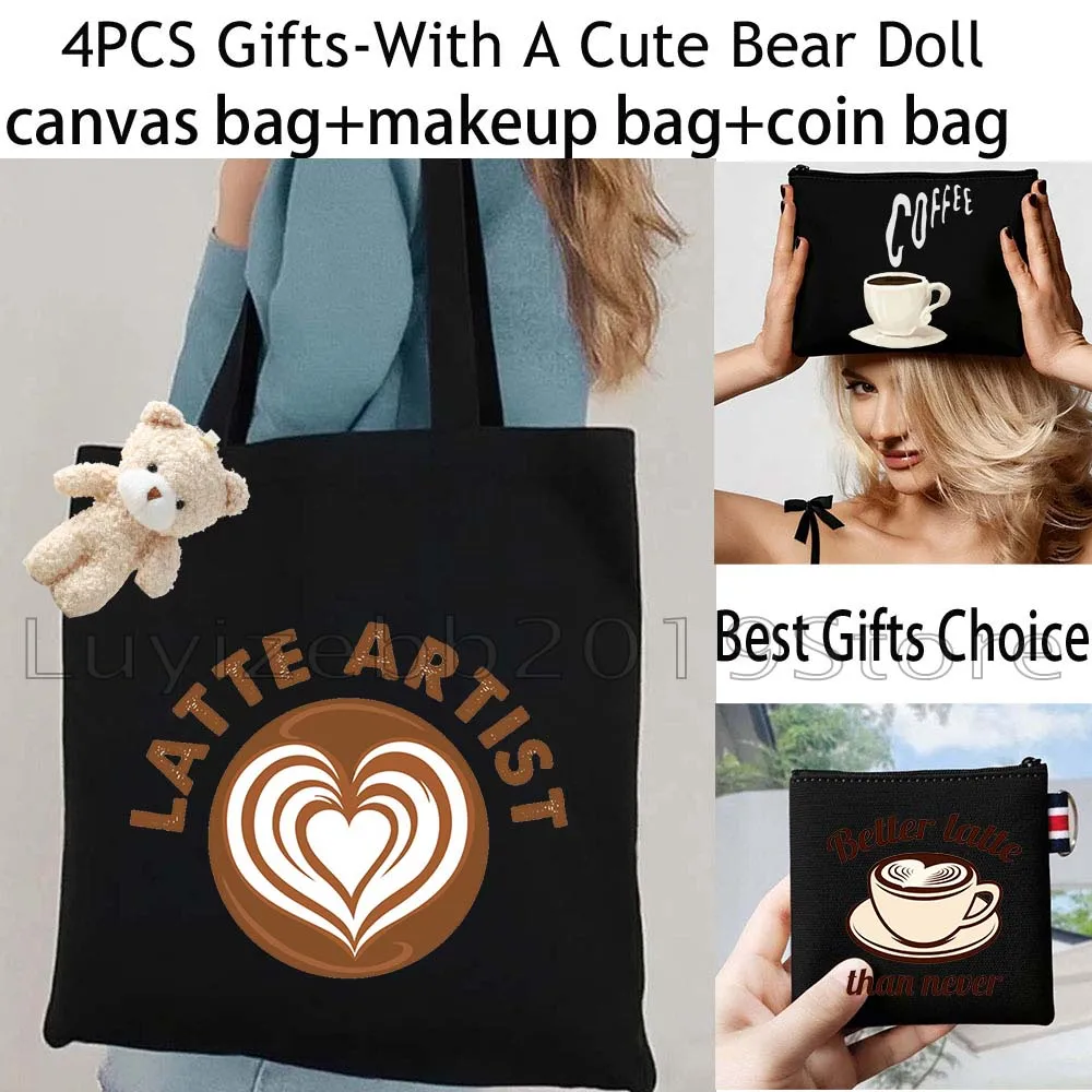 4PCS Cute Coffee Latte Artist Gifts Black Shopper Canvas Tote Bag Handbag,Cosmetic Makeup Bag,Coin Purse Wallet Zipper Pouch