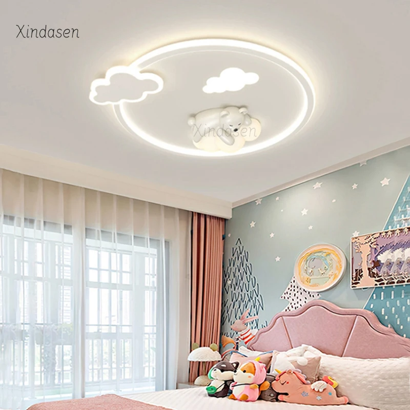 Kawaii Cloud Bear Ceiling Lamp Child Baby Room Decor Cartoon Chandelier For Kids Room Girl Boys Bedroom Round Led Ceiling Light