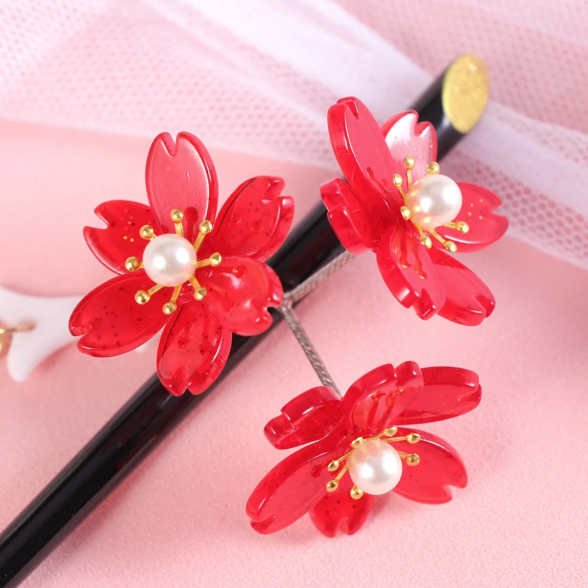 

Acrylic Vintage Cherry Blossom Hairpin Red Tassel Flower Hair Clip Unique Elegant Hair Accessories Women Girls Wedding