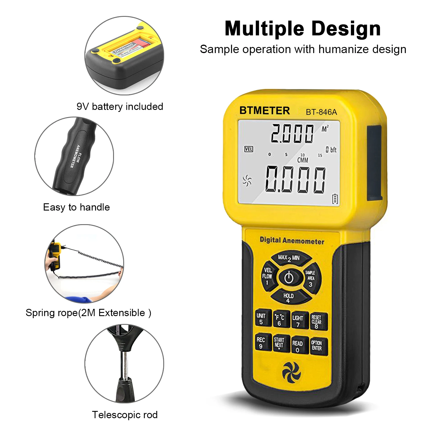 Digital Anemometer Air Volume BT-846A Speedometer RPM Tester Wind Speed 0.0-45.0 m/s Measures Meter HVAC Volume CFM Tachometer