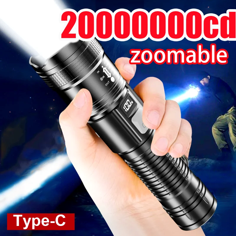 2000000cd Ultra-High Power Flashlight Digital Electronic Display Waterproof Torch Zoom Hand Light Outdoor Camping Lantern