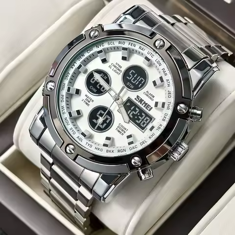Skmei Mens Full Steel Strap Quartz Wristwatch 3 Time Back Light Display Digital Watches Countdown Clock Relogio Masculino