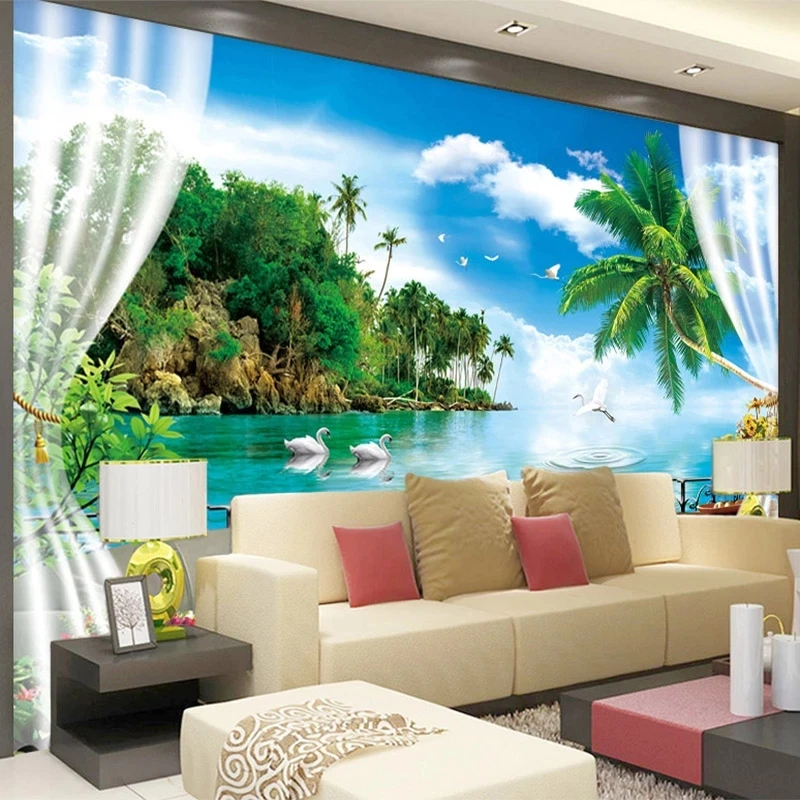 cortina-mural-personalizada-com-foto-de-paisagem-natural-montanhas-aguas-cisne-branco-arvore-verde-sala-de-estar-fundo-de-tv-quarto