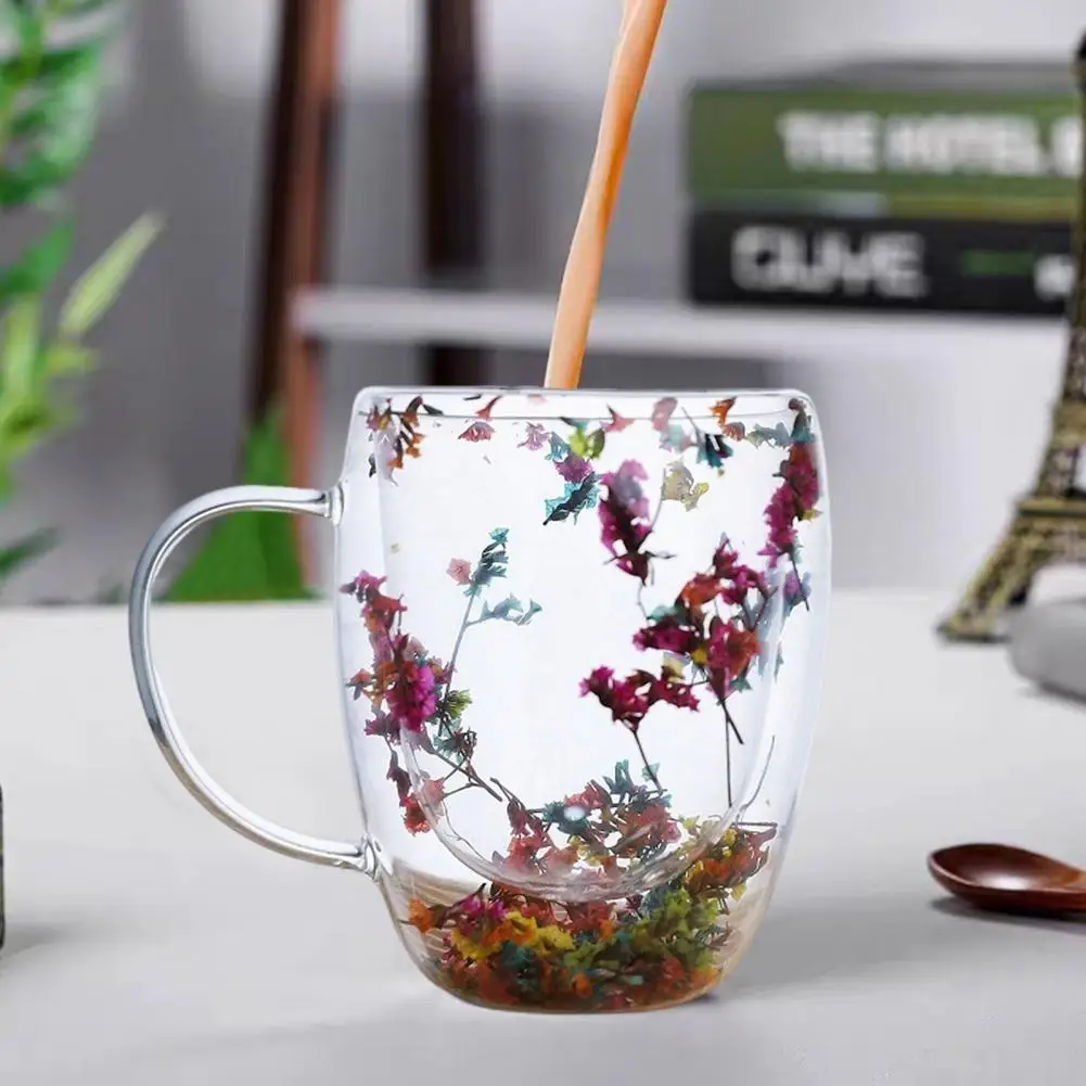 Thickened Mouth Glass Cup Elegant Dried Flower Double Wall Glass Coffee Mug Set Insulated Cups for Hot Beverages for Women