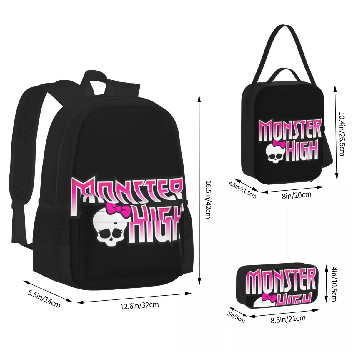 Monster High Doll Pretty Pink Pattern Backpacks Bookbag Children School Bags Kids Rucksack Lunch Bag Pen Bag Three-Piece Set