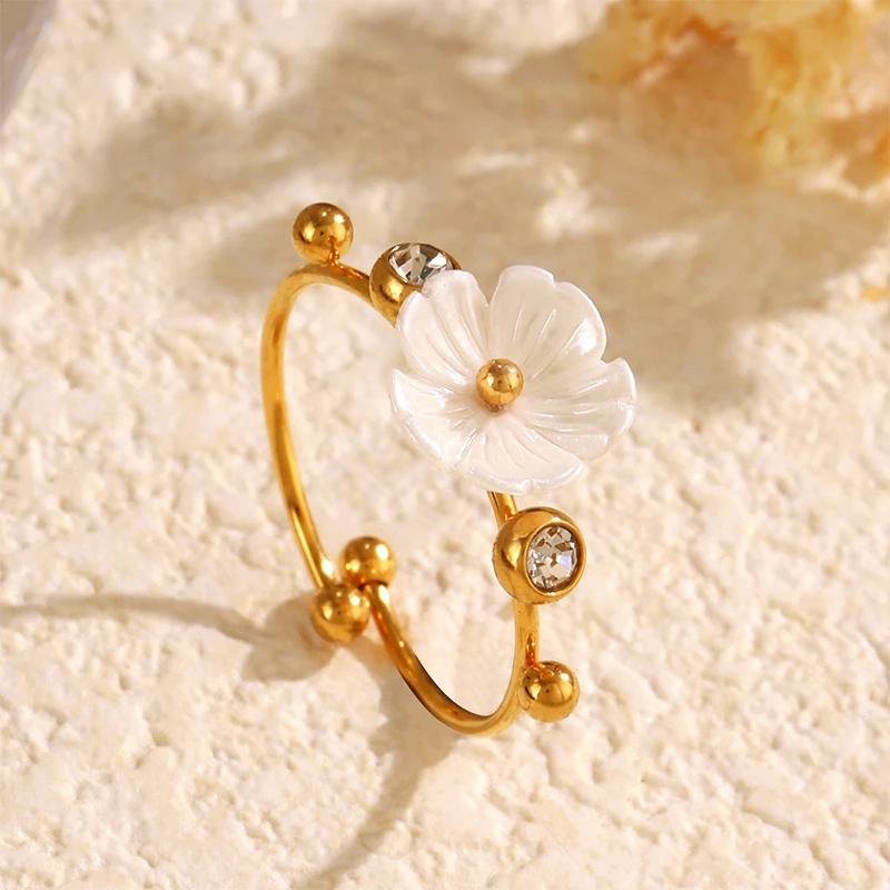 

ROXI | Women Stainless Steel Zicron Flower Open Ring. Elegant French Gold Jewelry. Romantic. Vintage 2024