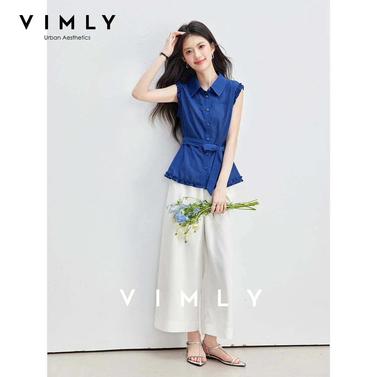 VIMLY Fashion Commuter Contrast Women's Suit Summer 2026 New Ruffle Sleeveless Shirt High Waist Wide-leg Pants 2 Piece Set A6339