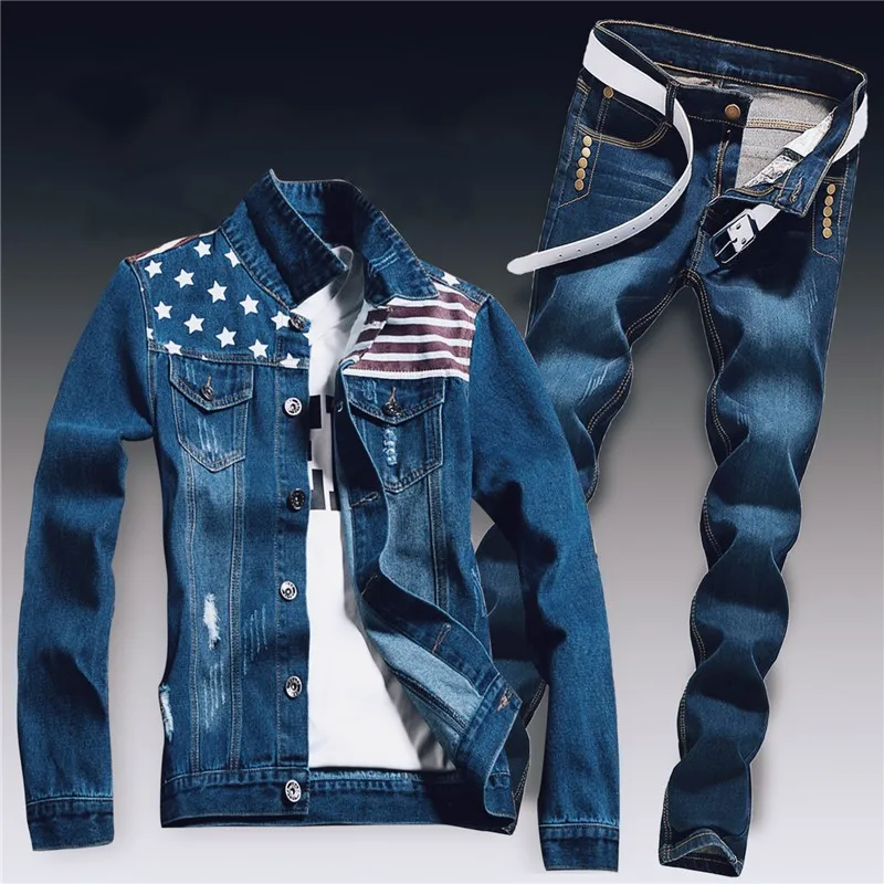 Spring Mens Denim Two Piece Set Hole Ripped Slim Fit Jacket Jeans Sets Male Casual Vintage Ropa Hombre Cargo Suit Streetwear