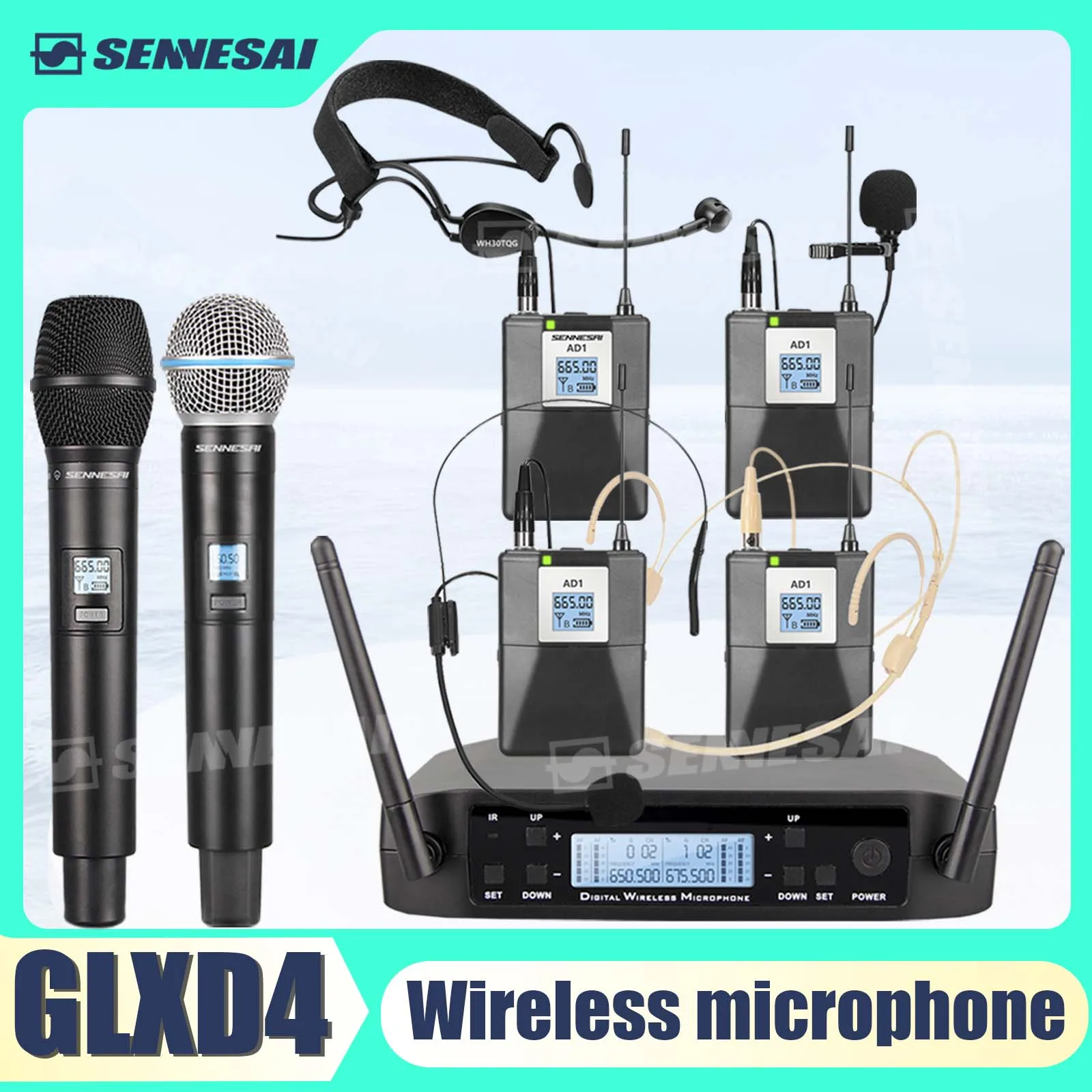 High Quality！GLXD4 B58 Professional Dual Wireless Microphone 600-699MHz System Stage Performances UHF Dynamic 2 Channel Handheld