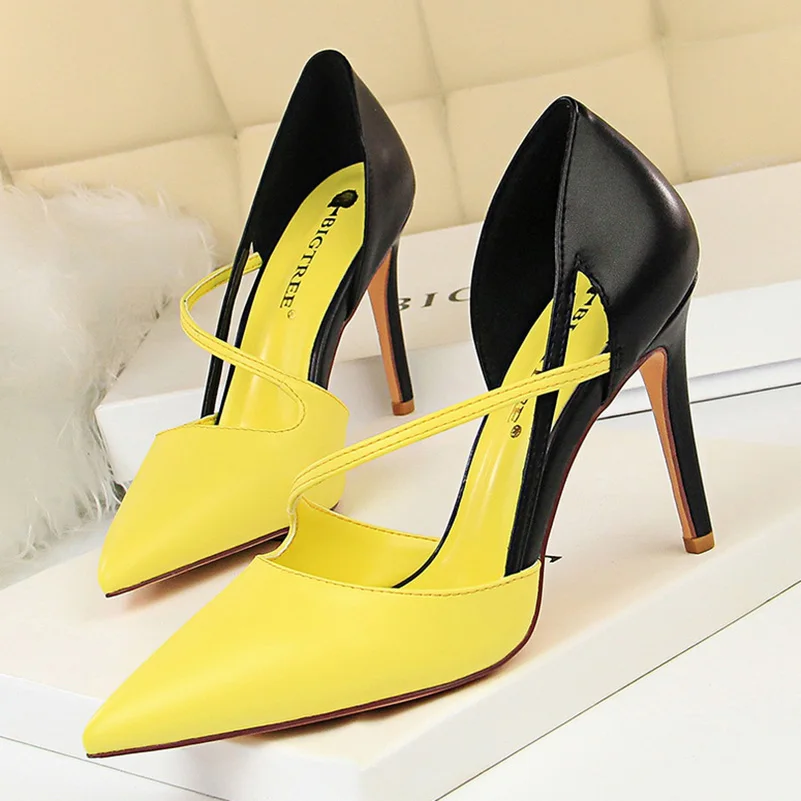 New Summer Women 9.5cm High Heels Sandals Nightclub Stripper Heels Sexy Patchwork Sandles Party Ankle Strap Yellow Pink Shoes