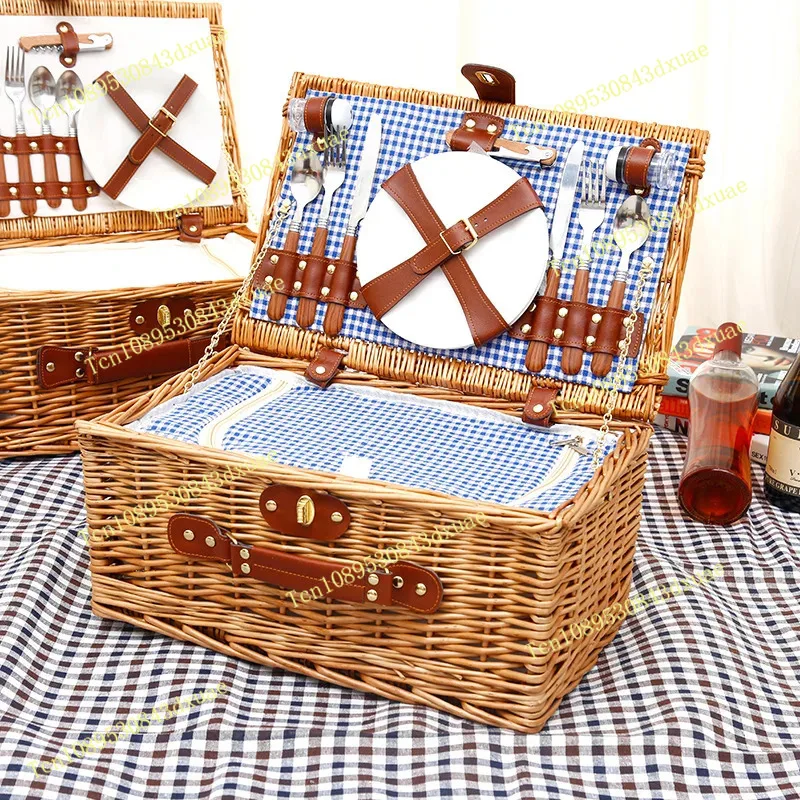 Rattan Wicker Outdoor Picnic Household Storage Fruit Steak Vegetable Basket With Cutlery