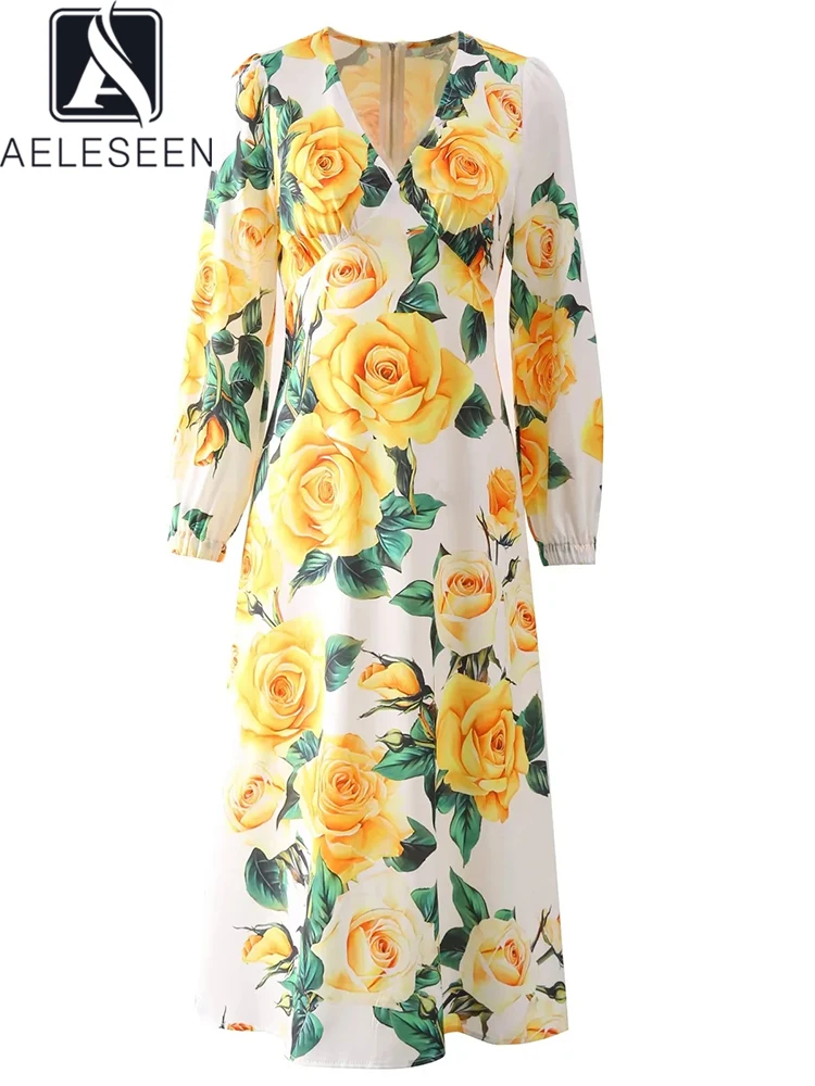 

AELESEEN Sicilian Long Dress Women V-Neck Full Lantern Sleeve Yellow Rose Flower Print Romantic Elegant Party Holiday Female