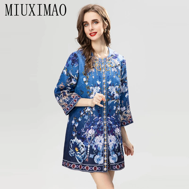 

MIUXIMAO 2025 Elegant Blue Jacket Fashion Diamonds Coat O-Neck Single Breasted White Flower Fashion Jackets for Women