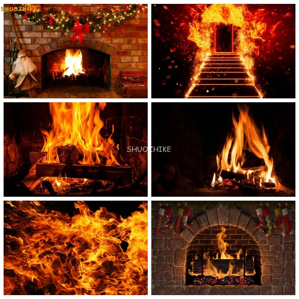 

Winter Burning Firewood Backdrop Christmas Brick Wall Fireplace Flame Wood Baby Portrait Photography Background For Photo Studio