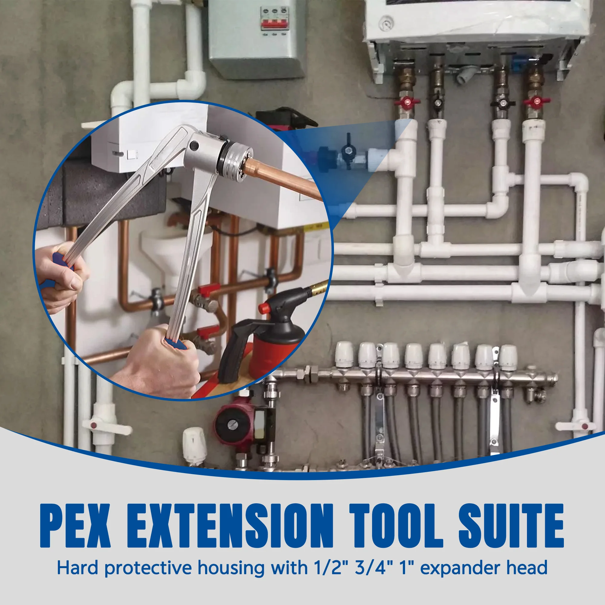 PEX Expansion Tool Kit Tube Expander With 1/2Inch, 3/4Inch, 1-Inch Expander Heads