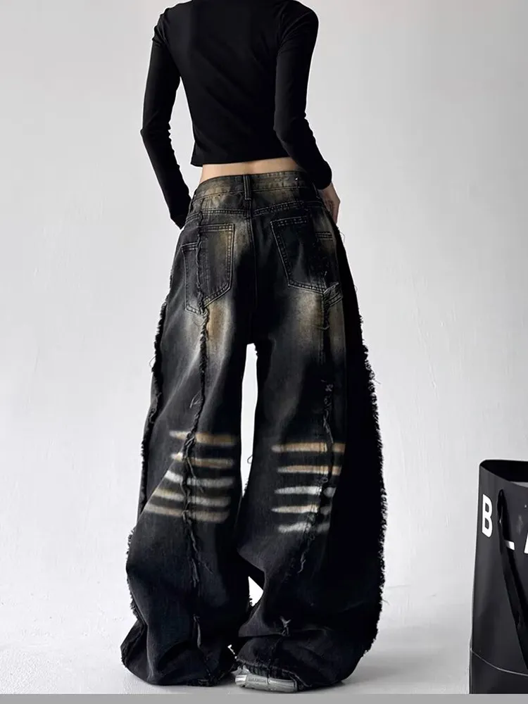Black Jeans Women Vintage High Waisted Cargo Jeans Straight 2025 Summer Casual Loose Big Size Wide Leg Denim Baggy Pants Y2K