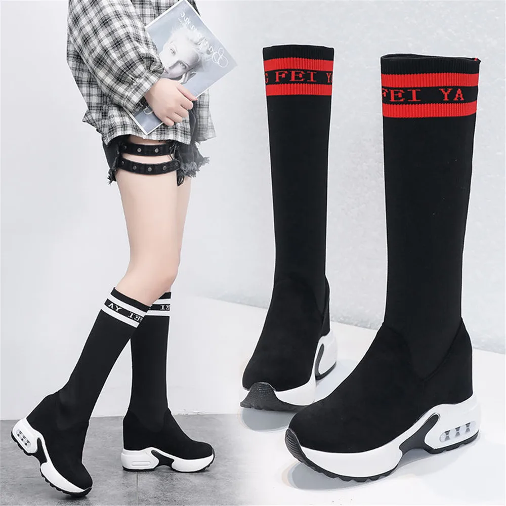 Fashion Height Increasing Cosplay Shoes Women Long Boots Fall 2024 Thick Bottom Knee High Boots Knitted Elastic Thin Socks Boots