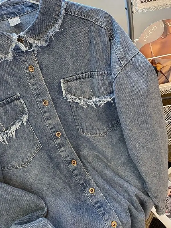 Large Size Vintage Distred Denim irt Jaet Women Loose Lazy Design Sense Top Long Sve Korean Sle Pure Color