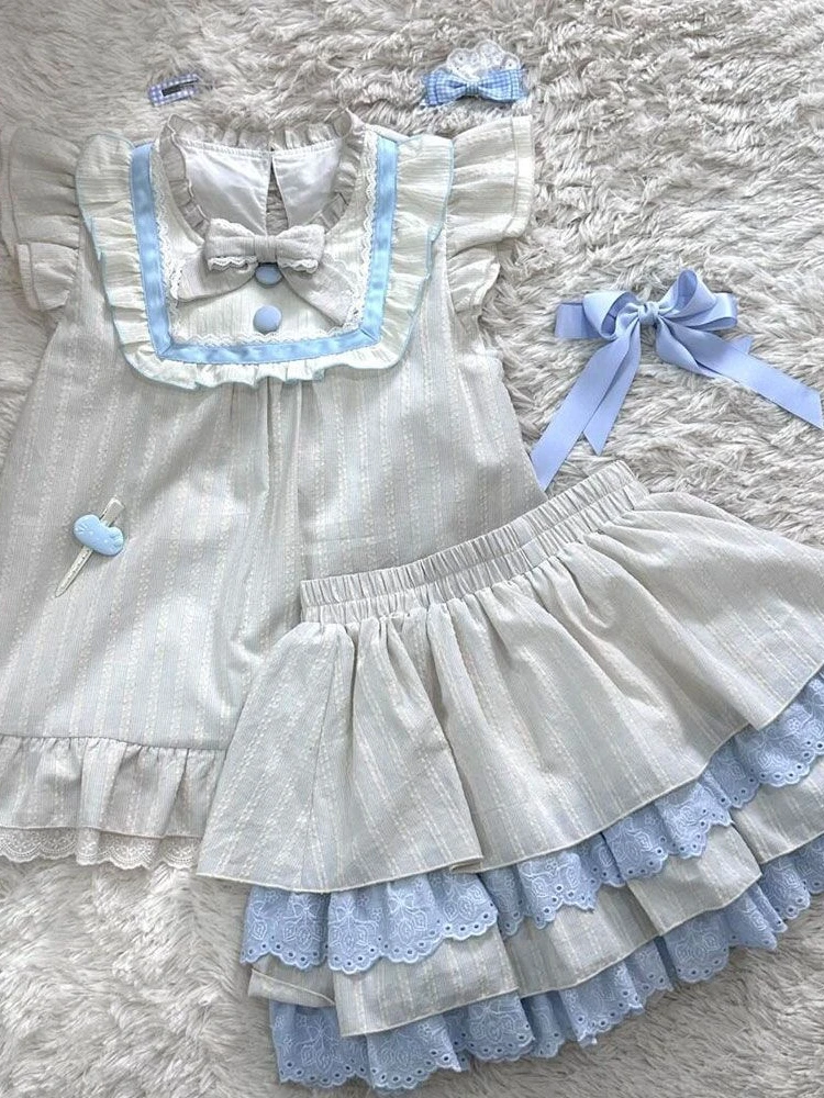 

2025 Women's Sweet Lolita Set -Pastel Blue Lace Ruffle Top & Tiered Skirt, Bowknot Decor Kawaii Vintage Outfit for Spring Summer