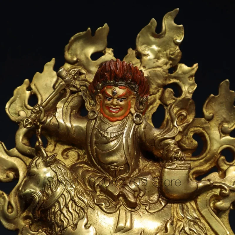 20cm Tibetan Brass Gilded Gold Faced Pure Copper Riding Sheep Shang Dan Jian Diamond Protector Ornament