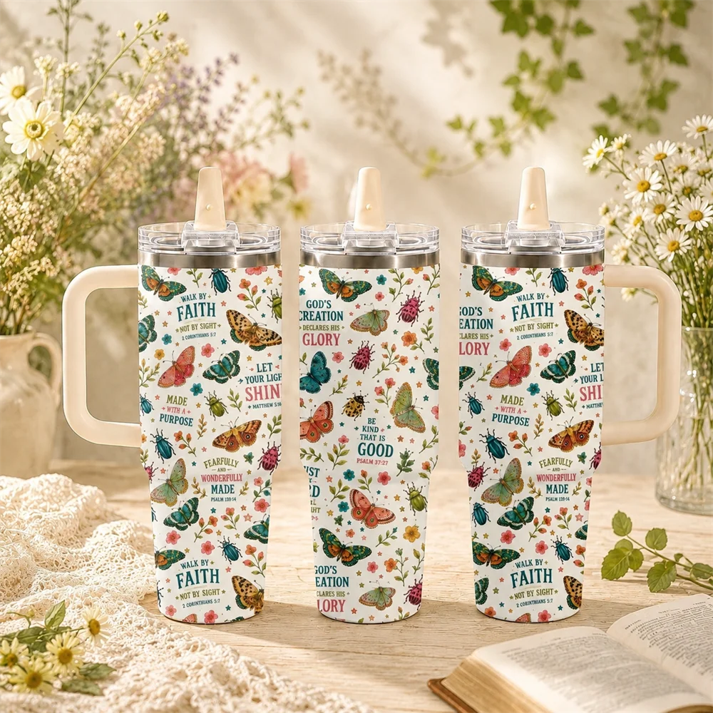 Christian Faith Floral Vacuum Flasks 40oz Thermal Tumbler with Handle Stainless Steel Vacuum Insulated Water Portable Mug Cup