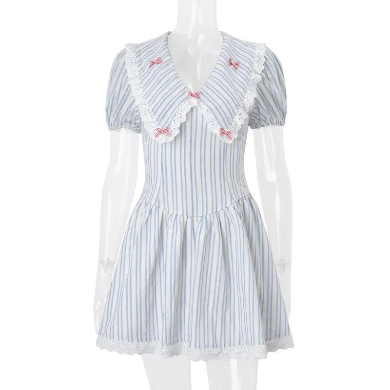 

2025 Summer French Blue Striped College Style Dress for Women Sweet Lace Trimmed Flounce A Line Slimming Mini Dress