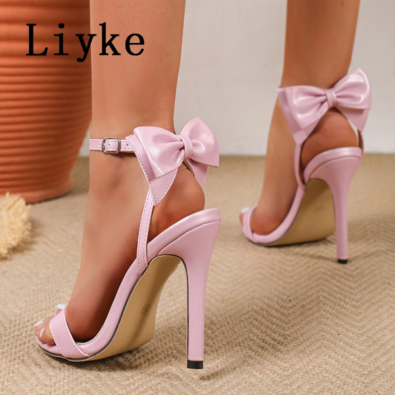 Liyke Summer Fashion Big Butterfly Knot Ankle Strap Sandals Women Elegant Open Toe Pink High Heels Wedding Prom Shoes Size 35-42