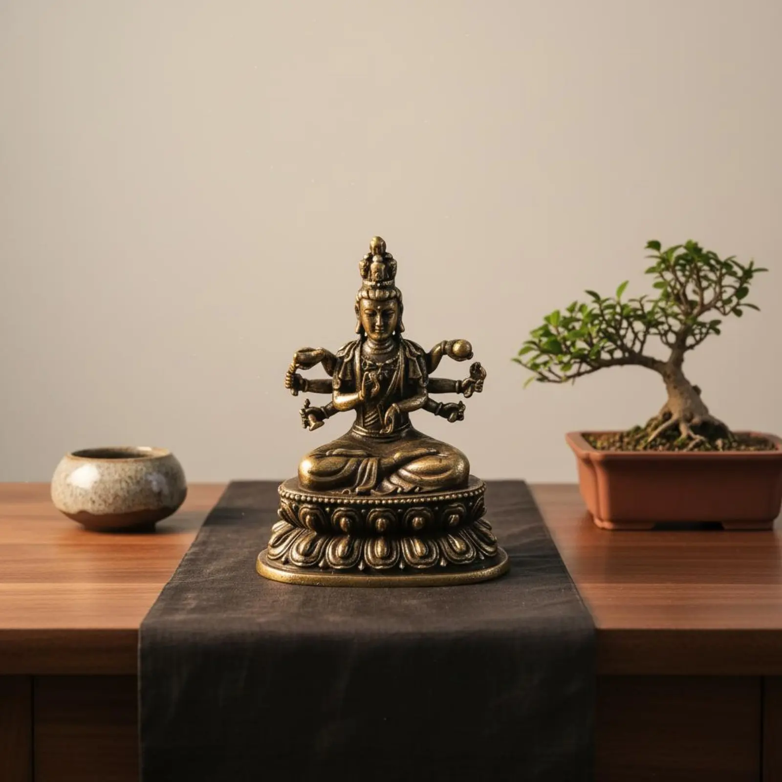 Brass Guanyin Statue Intricate Features Thousand-Hand Bodhisattva Figurine Miniature Buddha Figurine Vintage Design