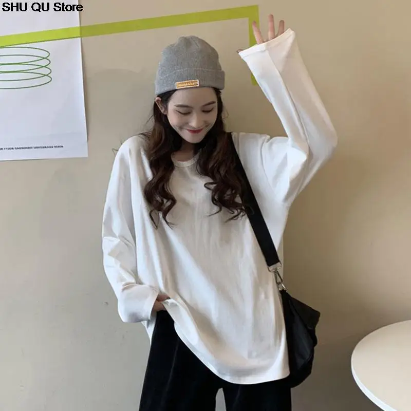 2025 New Long shirt new women's Fashion Top size Korean O-neck long sleeve  White Black  T-shirt