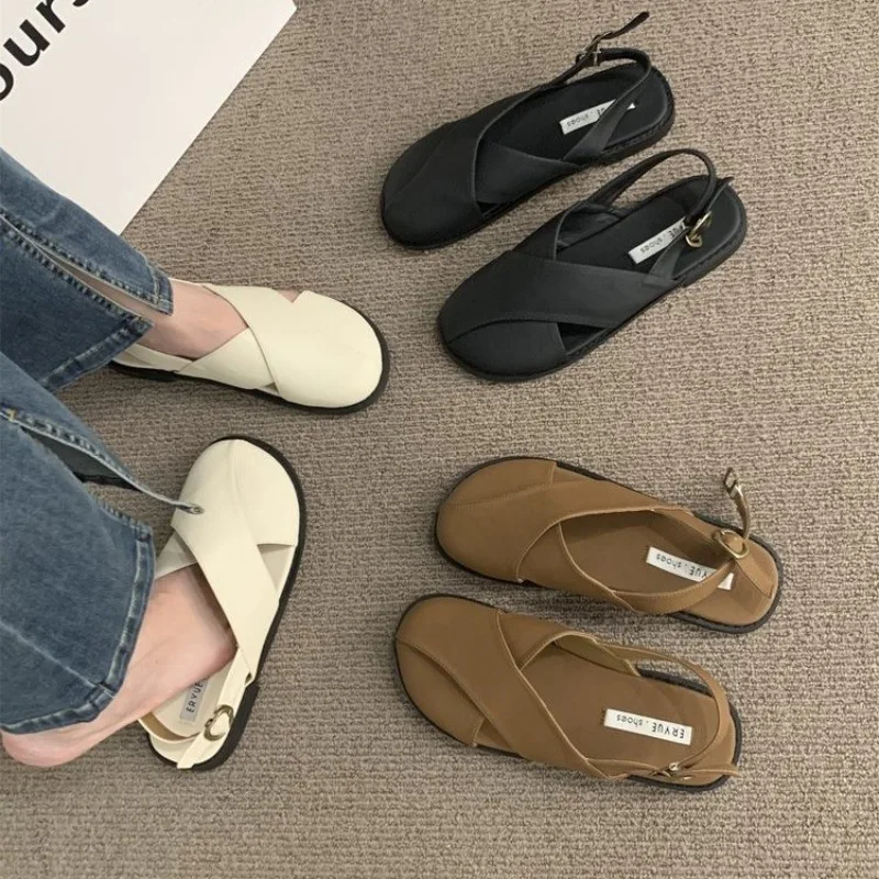 Women's Roman Style Flat Bottom Sandals Summer New Korean Version French Vintage Forest System Fairy Casual Slip-On Shoes