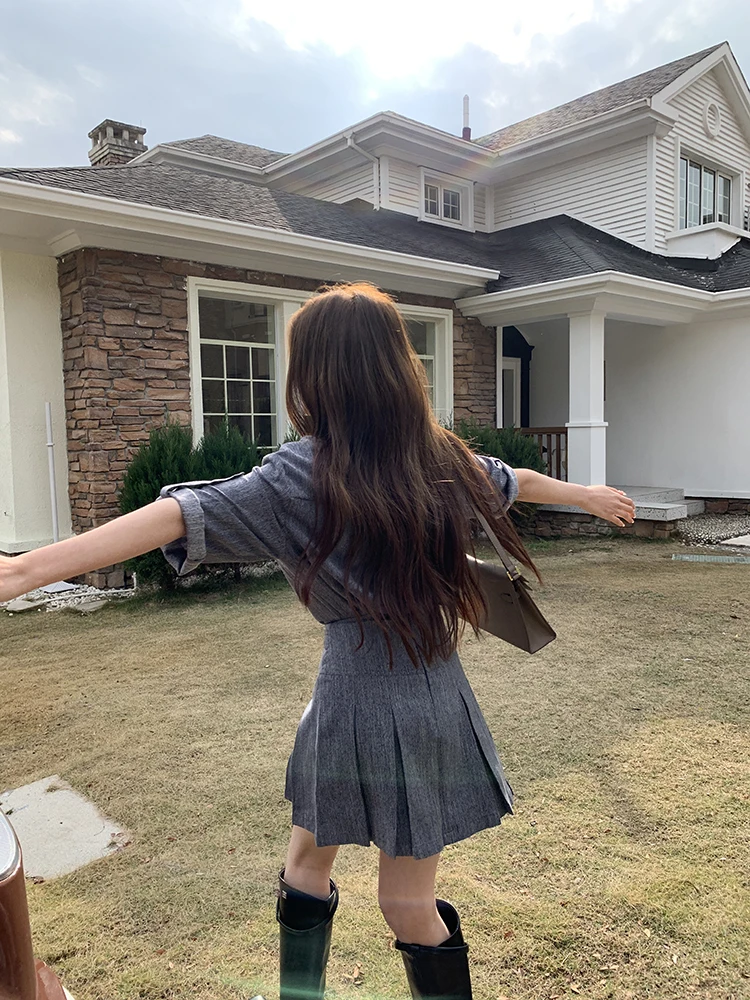 2025 mode coréenne Jean Legging 2 pièces ensemble femmes simple boutonnage conception hauts + Mini jupe plissée décontracté doux bureau dame costumes