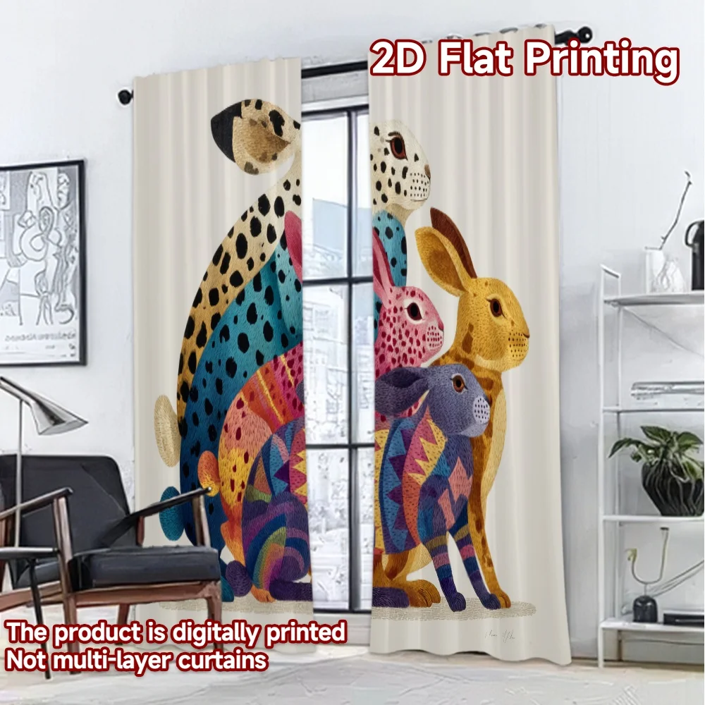 2D Flat Printing,2pcs Colorful Rabbit Collection Popular Window Curtain Durable 100% Polyester Fabric Curtains Versatile All