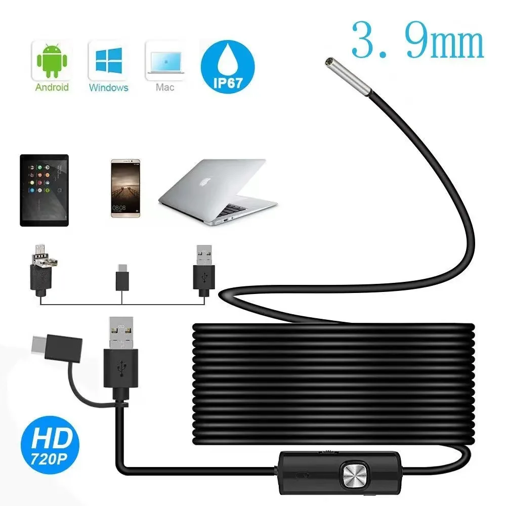 Megapixel HD 3 in 1 Endoscope Camera Sewer Industrial Pipeline Car Inspection Borescope 3.9mm for USB Android Type C