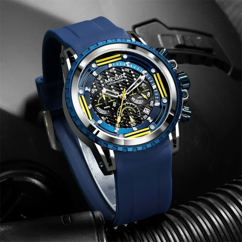 Trend Design New Blue Silicone Band MEGIR Men's Watches Luminous Chronograph Sports Watch Waterproof Quartz Wristwatches