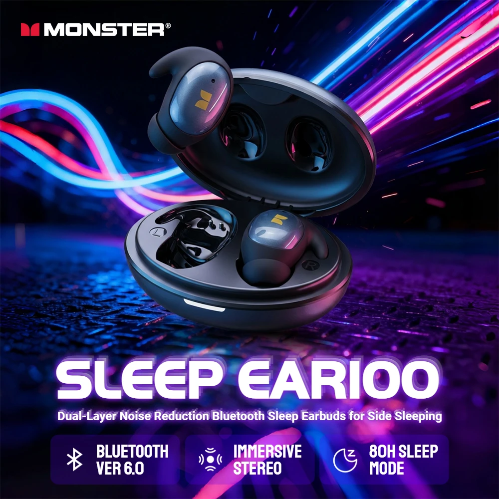 Fones de Ouvido Bluetooth 6.0 Monster para Dormir com Redução Passiva de Ruído, Earbuds para Quem Dorme de Lado, Mini Fones de Ouvido TWS Sem Fio