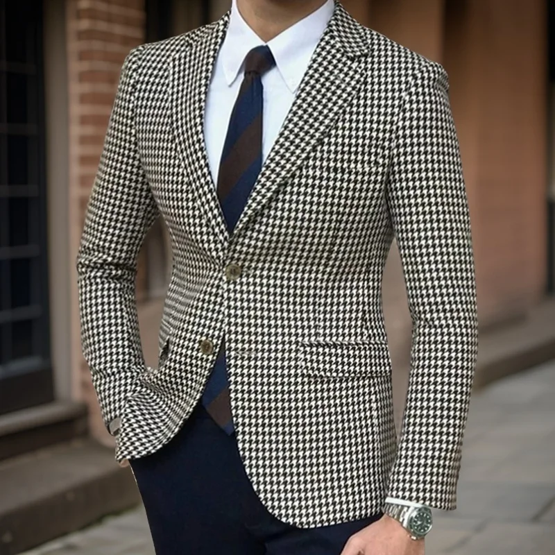 Check Plaid Blazer 2024 Slim Fit 1 Pc Men Suit Jacket Houndstooth American Fashion Style Clothes Ready to Ship