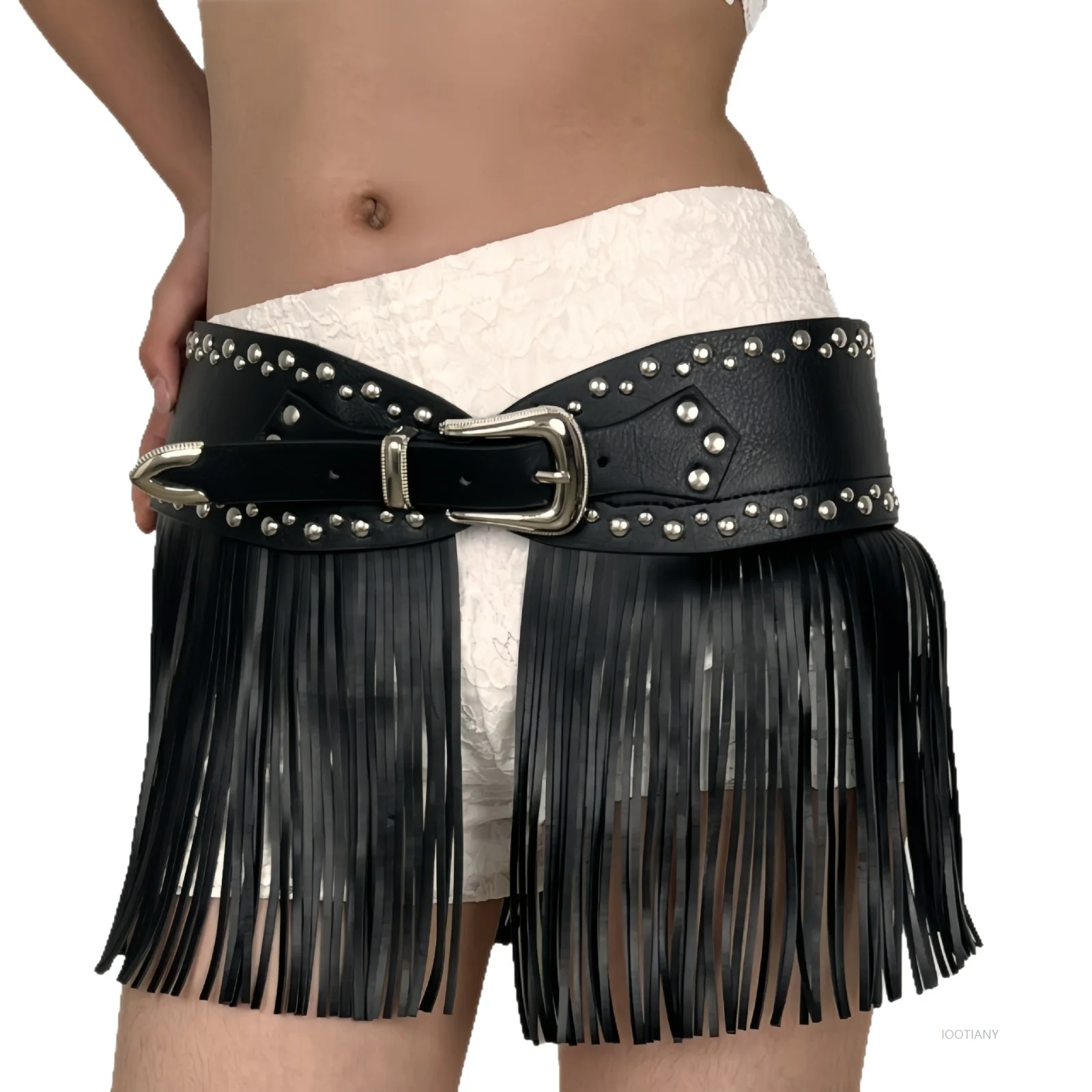 빈티지 펑크 스타일 태슬 패치워크 디자인 PU 가죽 벨트 여성용 Y2K 하라주쿠 개성 하이 스트리트 스파이스 걸 와이드 벨트